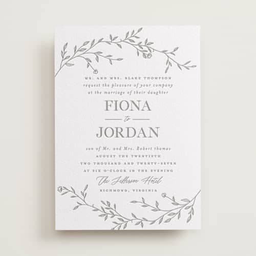 This is a granite letterpress wedding invitations with letterpress by Vera Lim called jasmine printing on white cotton in standard