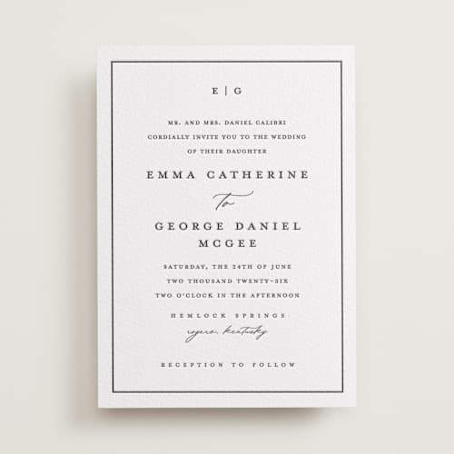 This is a soft black letterpress wedding invitations with letterpress by Stacey Meacham called heritage printing on white cotton in standard