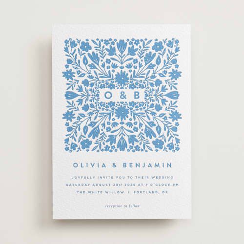 This is a marine blue letterpress wedding invitations with letterpress by Stephanie Hawkes called floral stamp printing on white cotton in standard