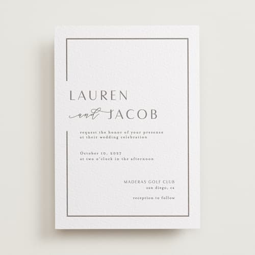 This is a graphite letterpress wedding invitations with letterpress by Nicole Walsh called asymmetry printing on white cotton in standard
