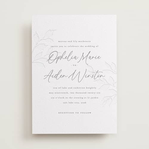This is a graphite letterpress wedding invitations with letterpress by Wildfield Paper Co called vine printing on white cotton in standard