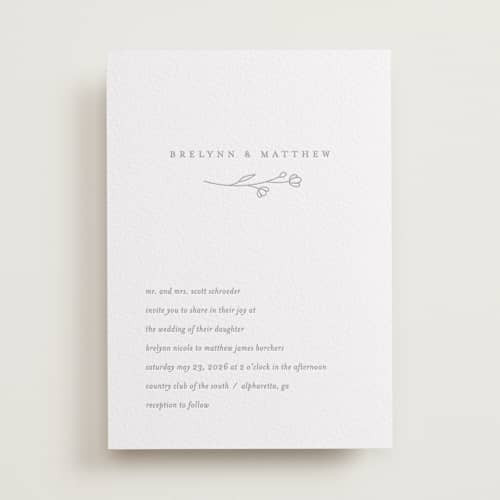 This is a granite letterpress wedding invitations with letterpress by Jennifer Postorino called essence printing on white cotton in standard