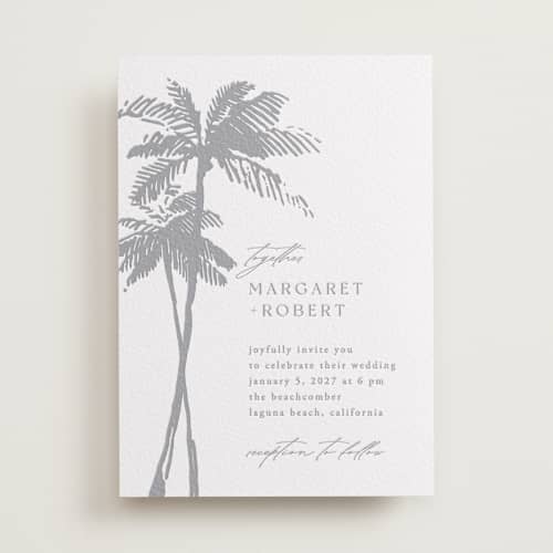 This is a granite letterpress wedding invitations with letterpress by Janean Hinger called warm winds printing on white cotton in standard