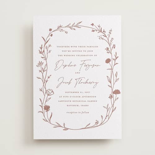 This is a cinnamon letterpress wedding invitations with letterpress by chocomocacino called mille-feuille printing on white cotton in standard