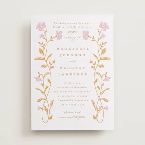 This is a saffron | peony letterpress wedding invitations with letterpress by Everett Paper Goods called mirror floral printing on white cotton in standard