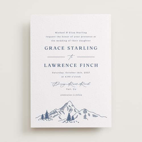 This is a blueberry letterpress wedding invitations with letterpress by Olivia Raufman called arête printing on white cotton in standard