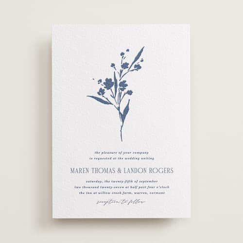 This is a blueberry letterpress wedding invitations with letterpress by Kate Ahn called helena printing on white cotton in standard