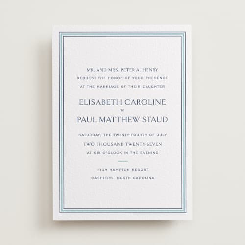 This is a robin's egg | blueberry letterpress wedding invitations with letterpress by Megan Davis called beaufort printing on white cotton in standard