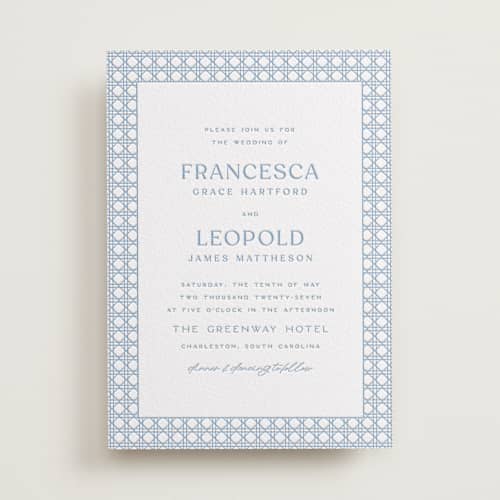 This is a robin's egg letterpress wedding invitations with letterpress by Ellen Schlegelmilch called delicate rattan printing on white cotton in standard