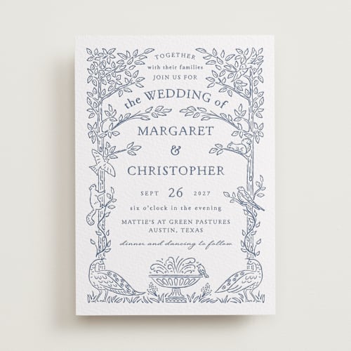 This is a blueberry letterpress wedding invitations with letterpress by Paper Sun Studio called whimsical woodland printing on white cotton in standard