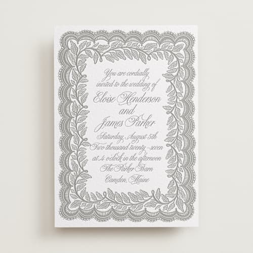 This is a smoke letterpress wedding invitations with letterpress by Katharine Watson called bridal veil printing on white cotton in standard