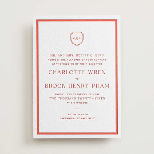 This is a verona sunset letterpress wedding invitations with letterpress by Megan Davis called racquet printing on white cotton in standard