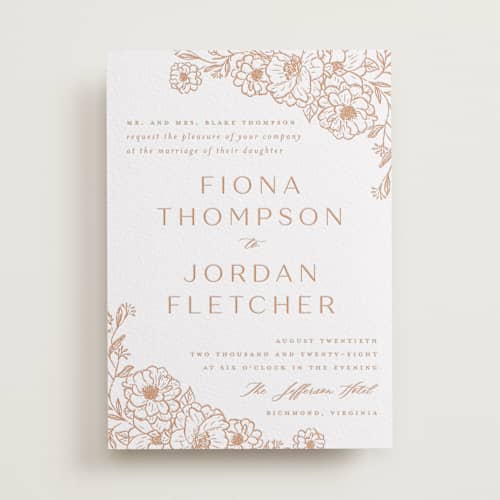 This is a sandstone letterpress wedding invitations with letterpress by Vera Lim called camellia.. printing on white cotton in standard