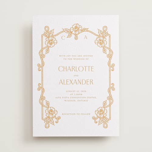 This is a saffron letterpress wedding invitations with letterpress by Selima Akhter called nouveau peony printing on white cotton in standard