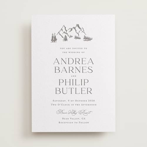 This is a graphite letterpress wedding invitations with letterpress by Lucrecia Caporale called mountain serenity printing on white cotton in standard