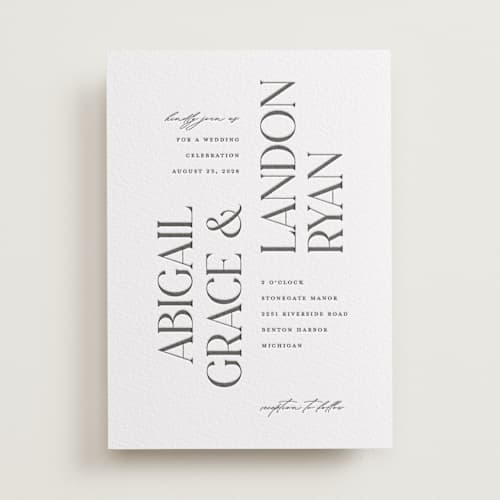 This is a soft black letterpress wedding invitations with letterpress by Pixel and Hank called tallest printing on white cotton in standard