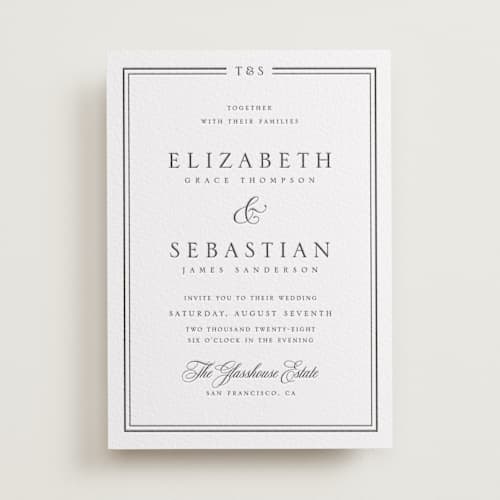 This is a soft black letterpress wedding invitations with letterpress by Nicole Walsh called classic frame printing on white cotton in standard
