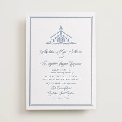 This is a pacific blue letterpress wedding invitations with letterpress by Melinda Denison called the chapel printing on white cotton in standard
