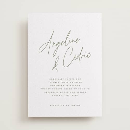 This is a artichoke letterpress wedding invitations with letterpress by chocomocacino called angeline printing on white cotton in standard