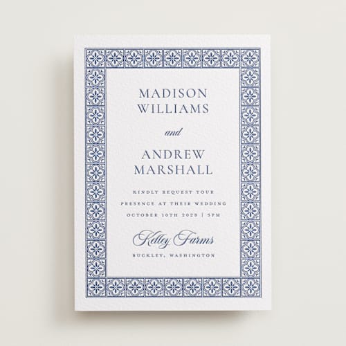 This is a lapis letterpress wedding invitations with letterpress by Angela Garrick called tiled printing on white cotton in standard