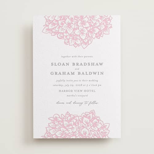 This is a peony | granite letterpress wedding invitations with letterpress by Paula Pecevich called hydrangea blooms printing on white cotton in standard