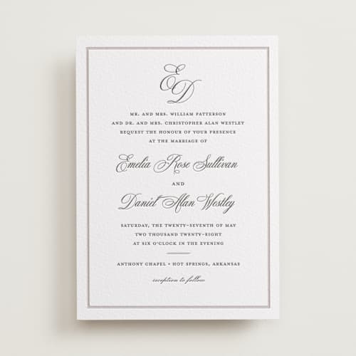 This is a dove grey | soft black letterpress wedding invitations with letterpress by Melinda Denison called royal printing on white cotton in standard