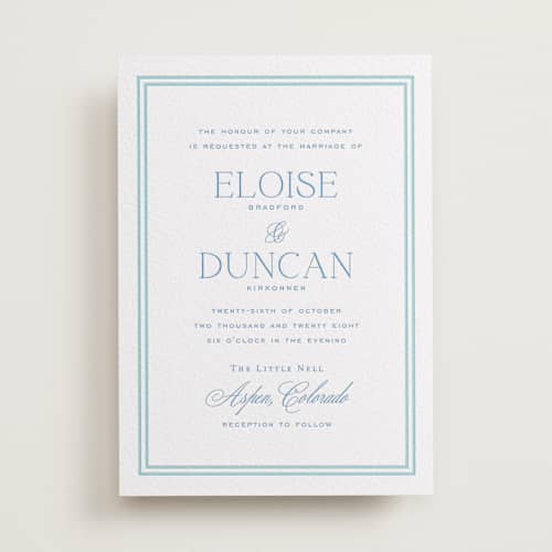 This is a marine blue letterpress wedding invitations with letterpress by chocomocacino called ricciarelli printing on white cotton in standard