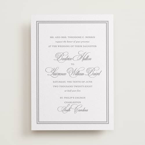 This is a graphite letterpress wedding invitations with letterpress by Megan Davis called bradford printing on white cotton in standard