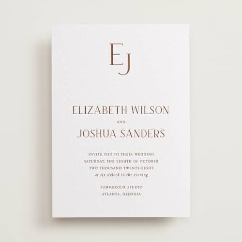 This is a burnt sienna letterpress wedding invitations with letterpress by Vanessa Doyle called chic printing on white cotton in standard
