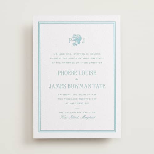 This is a vista letterpress wedding invitations with letterpress by Megan Davis called cheseapeake printing on white cotton in standard
