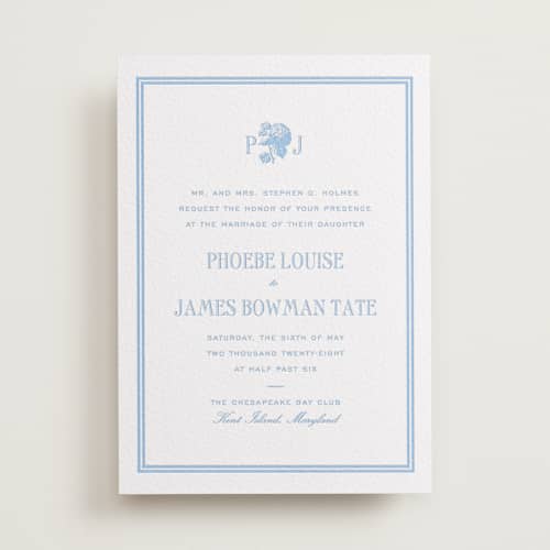 This is a vista letterpress wedding invitations with letterpress by Megan Davis called cheseapeake printing on white cotton in standard