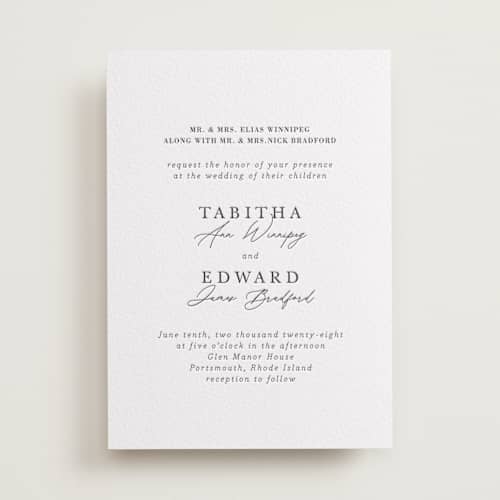 This is a soft black letterpress wedding invitations with letterpress by Tamara Hilje called modern classic printing on white cotton in standard