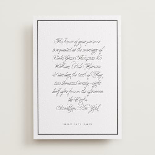 This is a soft black letterpress wedding invitations with letterpress by mo kelley called the day printing on white cotton in standard