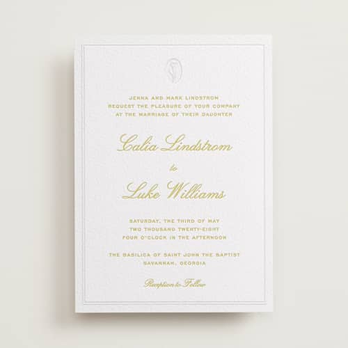 This is a chartreuse letterpress wedding invitations with letterpress by Ani Somi called calia printing on white cotton in standard