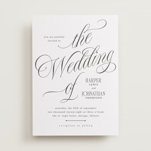 This is a soft black letterpress wedding invitations with letterpress by Kate Ahn called mirin printing on white cotton in standard