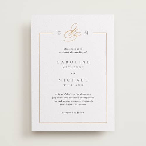 This is a saffron letterpress wedding invitations with letterpress by Kelly Schmidt called framed monogram printing on white cotton in standard