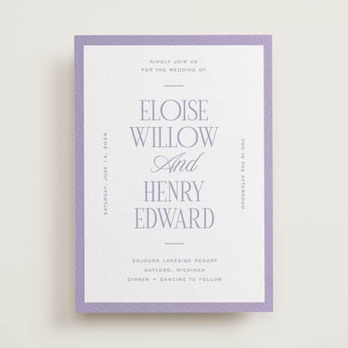 This is a lavender letterpress wedding invitations with letterpress by Pixel and Hank called threaded printing on white cotton in standard