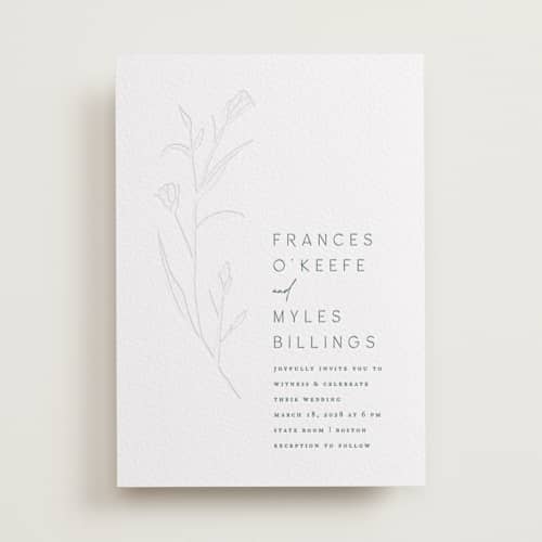 This is a evergreen letterpress wedding invitations with letterpress by Amy Kross called perennial printing on white cotton in standard