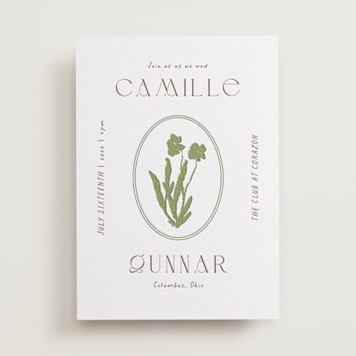 This is a burnt sienna letterpress wedding invitations with letterpress by Alaina Cherup called la graine printing on white cotton in standard