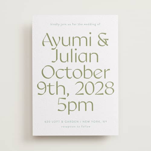 This is a olive | robin's egg letterpress wedding invitations with letterpress by Melanie Kosuge called ayumi printing on white cotton in standard