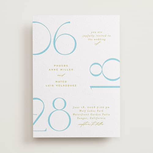 This is a robin's egg letterpress wedding invitations with letterpress by Owl and Toad called numerical printing on white cotton in standard