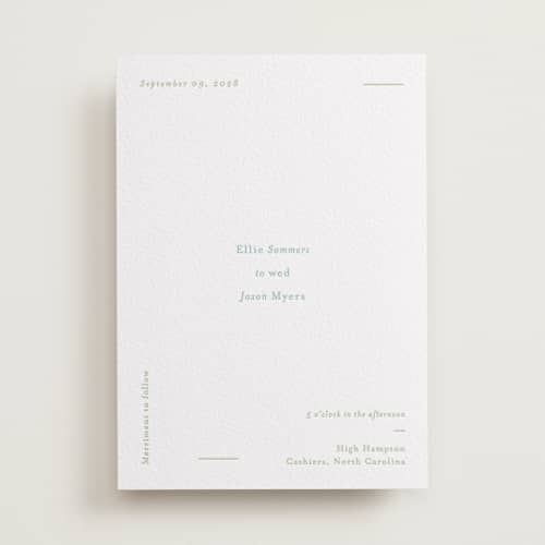 This is a robin's egg | matcha letterpress wedding invitations with letterpress by Blustery August called tuscany printing on white cotton in standard