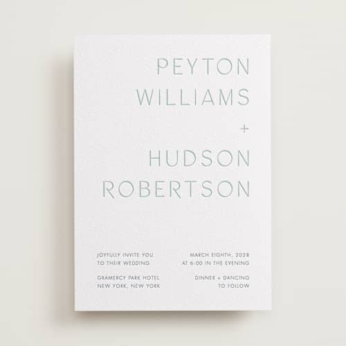 This is a robin's egg | blueberry letterpress wedding invitations with letterpress by Blustery August called juniper printing on white cotton in standard