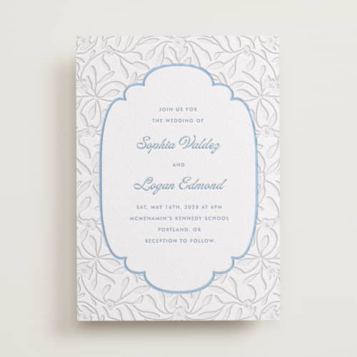 This is a robin's egg letterpress wedding invitations with letterpress by Morgan Kendall called victorian chic printing on white cotton in standard