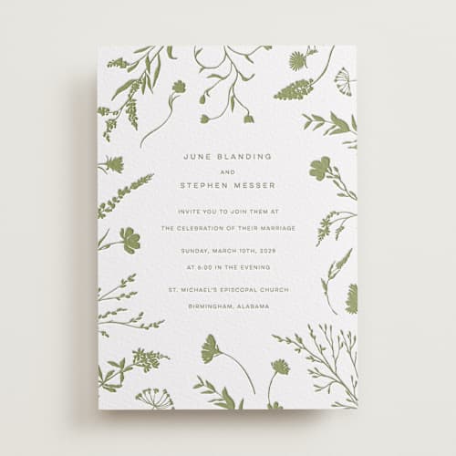 This is a olive letterpress wedding invitations with letterpress by Erin Hodges called untied printing on white cotton in standard