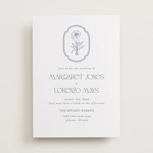 This is a pacific blue letterpress wedding invitations with letterpress by Baumbirdy called flora arch printing on white cotton in standard