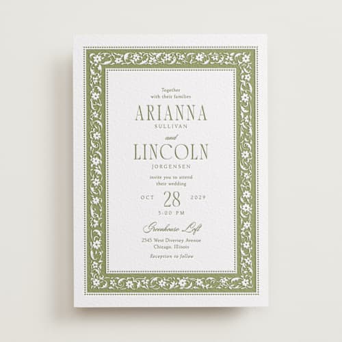 This is a olive letterpress wedding invitations with letterpress by Robert and Stella called darcy printing on white cotton in standard