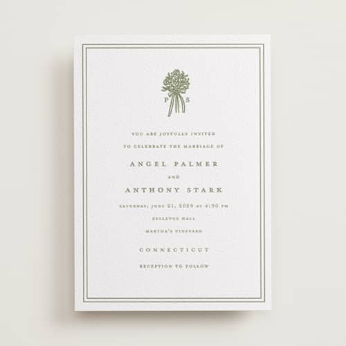 This is a artichoke letterpress wedding invitations with letterpress by Lori Wemple called wedding bouquet printing on white cotton in standard