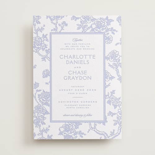 This is a vista letterpress wedding invitations with letterpress by Jenna Holcomb called classic toile printing on white cotton in standard