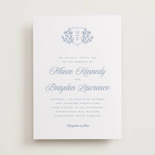 This is a pacific blue letterpress wedding invitations with letterpress by Hooray Creative called blue crest printing on white cotton in standard